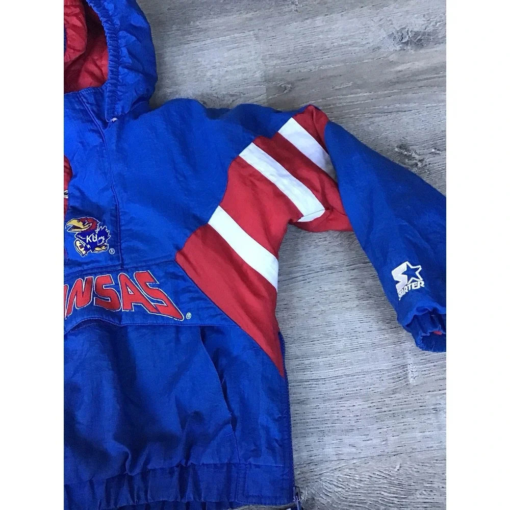 Vintage 90s Kansas Jayhawks 1/4 Zip Pullover Starter Jacket Size Kids M Puffer